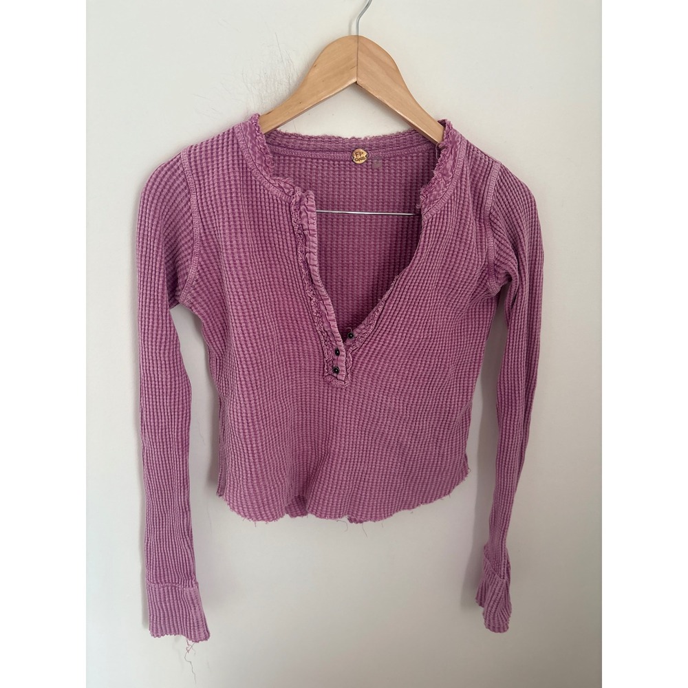 Free People FP One Orchid Purple Waffle Knit Ruffle V-Neck Henley Cropped Top